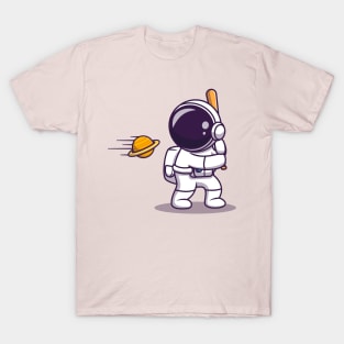 Cute Astronaut Hit Planet Ball With Baseball Stick Cartoon T-Shirt